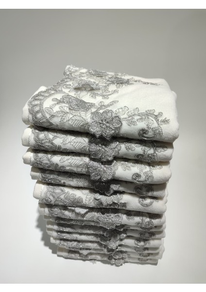 Beyaz Kadife Gri Güpürlü Çiçek Desenli Havlu fırsatları