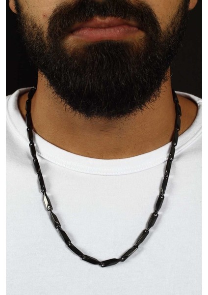 Siyah Renk Erkek Çelik Kolye Kare Küp Üçgen Model Zincir eck05ks