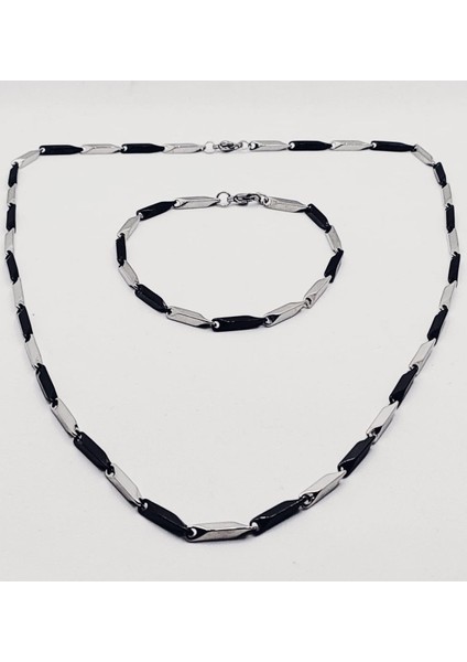 Siyah Beyaz Kare Küp Model Erkek Çelik Kolye ve Bileklik Seti eck05s
