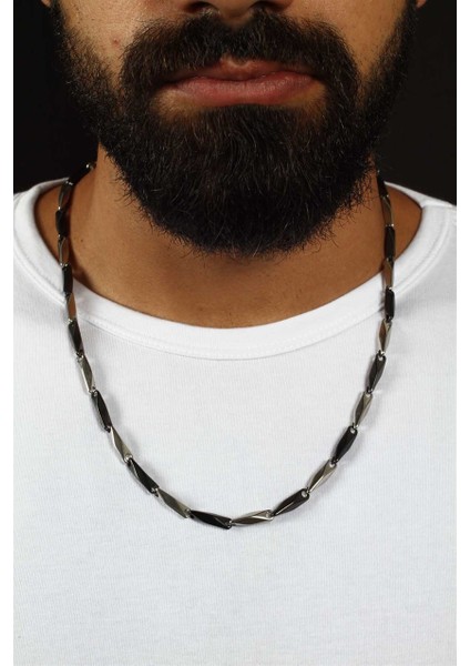 Siyah Beyaz Kare Küp Model Erkek Çelik Kolye ve Bileklik Seti eck05s