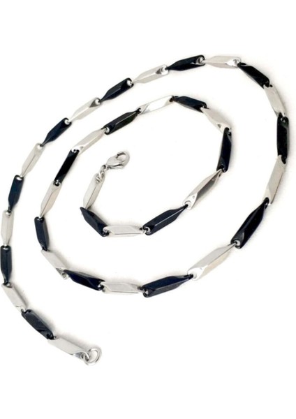 Siyah Beyaz Kare Küp Model Erkek Çelik Kolye ve Bileklik Seti eck05s