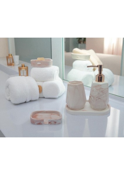 4 Lü Taş Banyo Seti Beyaz - Kahverengi Mermer Desenli 4'lü Sabunluk Seti