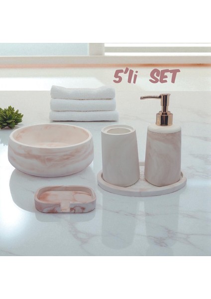 5 Li Taş Banyo Seti Sıvı Sabunluk Diş Fırçalık Kase Tepsi Set Beyaz - Kahve Mermer Desenli