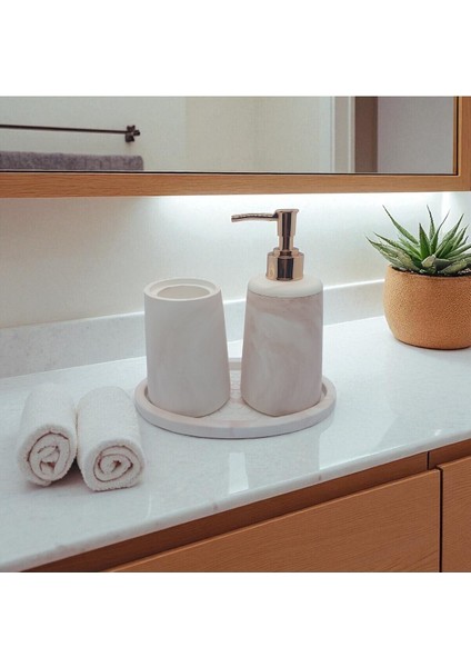 5 Li Taş Banyo Seti Sıvı Sabunluk Diş Fırçalık Kase Tepsi Set Beyaz - Kahve Mermer Desenli fiyatları