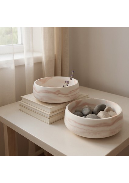 2 Adet Mermer Desenli Taş Kase Çok Amaçlı Mermer Kase Banyo Takımı 18 cm