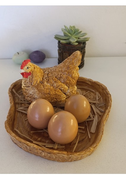 Dekoratif Tavuk ve Yumurtalar Tepsili Biblo Set - Bereket ve Bolluk Temalı Kahverengi-Sarı Tavuk Figürü fiyatları