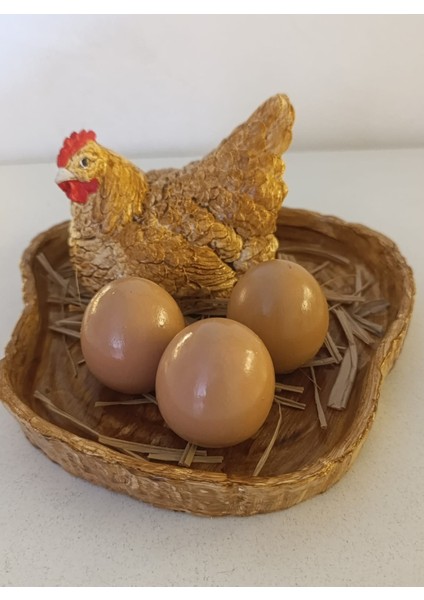 Dekoratif Tavuk ve Yumurtalar Tepsili Biblo Set - Bereket ve Bolluk Temalı Kahverengi-Sarı Tavuk Figürü modelleri