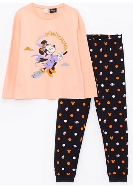 Lcw Kids Mercan Bisiklet Yaka Minnie Mouse Baskılı Uzun Kollu Kız Çocuk Pijama Takımı