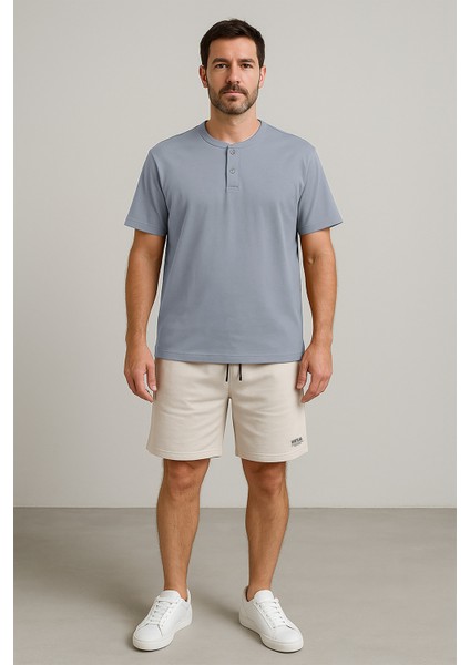 Erkek Henley Normal Kesim Düğmeli Patlı Sıfır Yaka Penye Pamuk T-Shirt