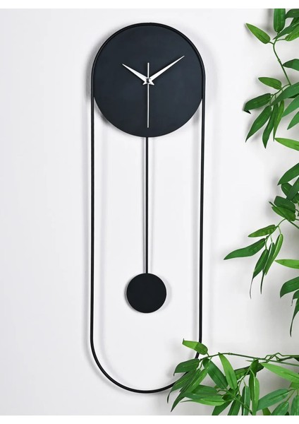 Metal Sarkaçlı Dekoratif Duvar Saati - Sessiz Mekanizma - El Boyama Modern Tasarım Saat-Siyah