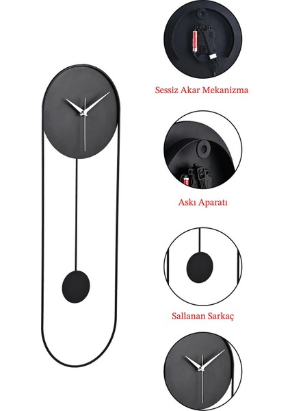 Metal Sarkaçlı Dekoratif Duvar Saati - Sessiz Mekanizma - El Boyama Modern Tasarım Saat-Siyah fırsatları