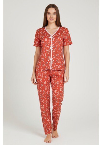 Kadın Turuncu Kalp Desenli Fiyonklu Kısa Kollu Uzun Pijama Takımı