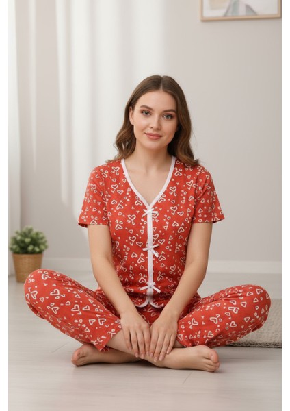 Kadın Turuncu Kalp Desenli Fiyonklu Kısa Kollu Uzun Pijama Takımı fiyatları