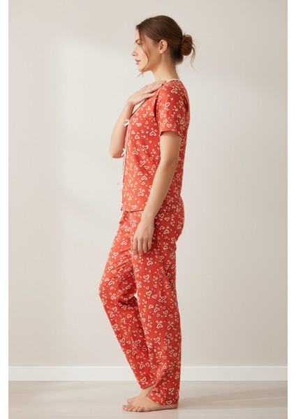Kadın Turuncu Kalp Desenli Fiyonklu Kısa Kollu Uzun Pijama Takımı fırsatları