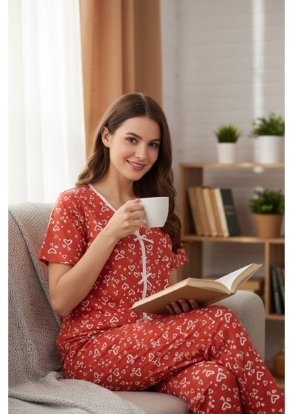 Kadın Turuncu Kalp Desenli Fiyonklu Kısa Kollu Uzun Pijama Takımı