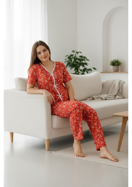 Kadın Turuncu Kalp Desenli Fiyonklu Kısa Kollu Uzun Pijama Takımı