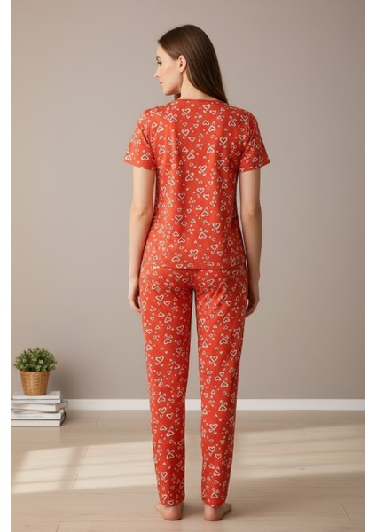 Kadın Turuncu Kalp Desenli Fiyonklu Kısa Kollu Uzun Pijama Takımı