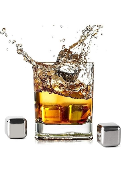 Içecek Soğutma Taşı 4 Adet Çelik Viski Taşı Buz Küpleri Maşalı Set