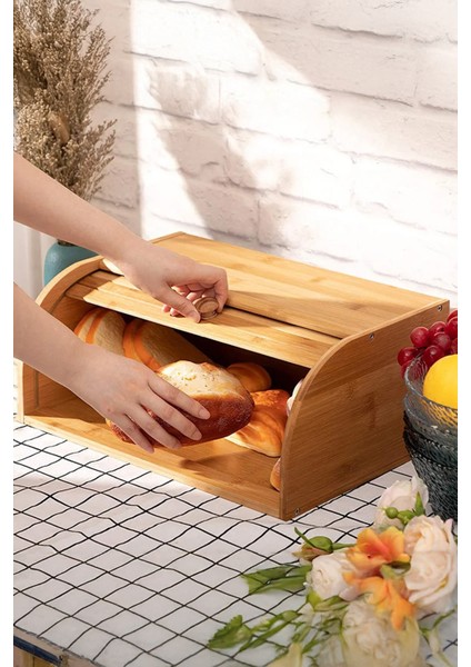 Bambu Kayar Kapaklı Ekmek Kutusu Sepeti, Ekmek Saklama Kabı, Ekmek Dolabı - Demonte Gönderilmektedir