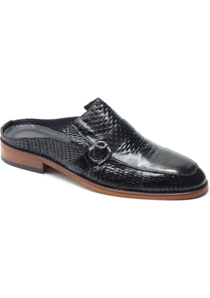 Siyah Hakiki Deri Tokalı Desenli Neolit Tabanlı Half Shoes Erkek Sabo Ayakkabı