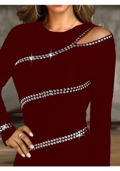 Kadın Uzun Kollu Omuz Pencere Detay Taş Işlemeli Dalgıç Mini Elbise 2xl-3xl-Bordo fiyatları