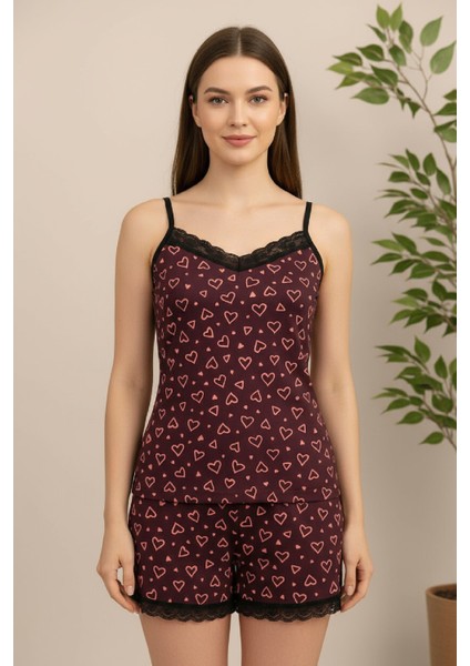 Kadın Mor Kalp Desenli Askılı Şortlu Dantelli Pijama Takımı fiyatları