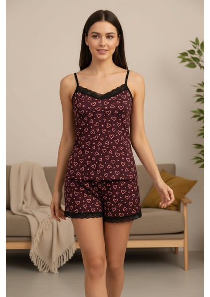 Kadın Mor Kalp Desenli Askılı Şortlu Dantelli Pijama Takımı