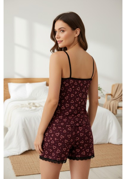 Kadın Mor Kalp Desenli Askılı Şortlu Dantelli Pijama Takımı