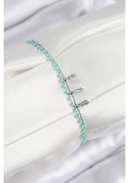 Pirinç Zirkon Taşlı Mavi Boncuklu Model Gümüş Renk Kadın Bileklik