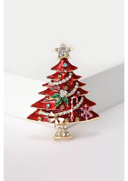 Yılbaşı Detaylı Kırmızı Yılbaşı Ağacı Taşlı Yaka Iğnesi Broş fiyatları