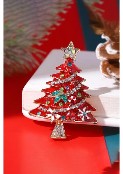 Yılbaşı Detaylı Kırmızı Yılbaşı Ağacı Taşlı Yaka Iğnesi Broş modelleri
