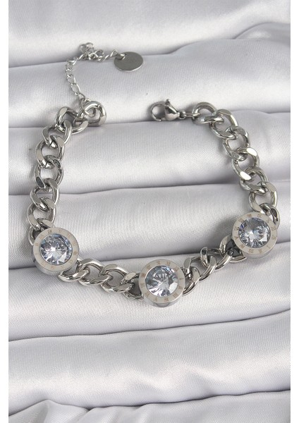 316L Çelik Gümüş Renk Zincir Model Zirkon Taşlı İşleme Detaylı Kadın Bileklik