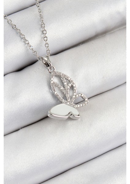 316L Çelik Zirkon Taşlı Kelebek Model Gümüş Renk Kadın Kolye