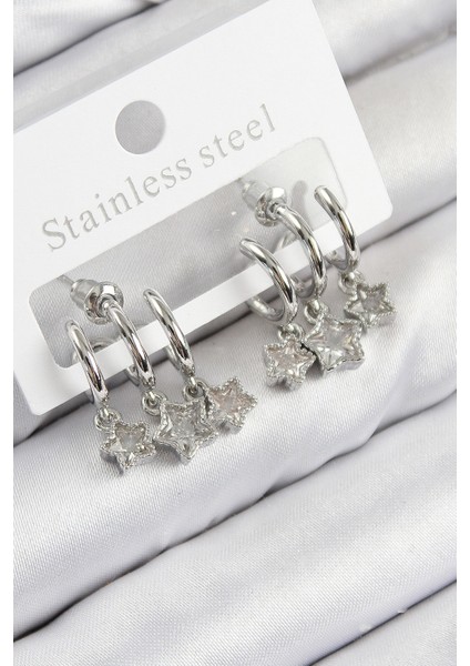 Pirinç Zirkon Taşlı Sallantılı Yıldız Model Gümüş Renk Kadın Küpe