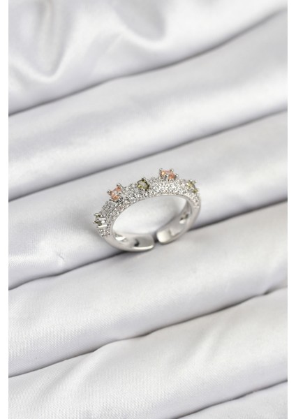 Pirinç Gümüş Renk Zirkon Taşlı Vintage Kadın Yüzük