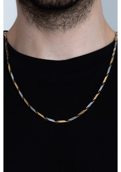 Sarı Beyaz Erkek Çelik Kolye Kare Küp Üçgen Model Zincir eck05ksrb