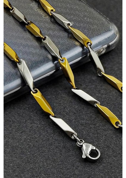 Sarı Beyaz Erkek Çelik Kolye Kare Küp Üçgen Model Zincir eck05ksrb