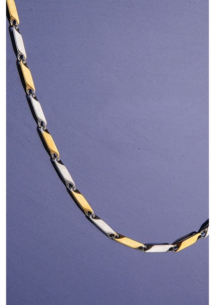 Sarı Beyaz Erkek Çelik Kolye Kare Küp Üçgen Model Zincir eck05ksrb