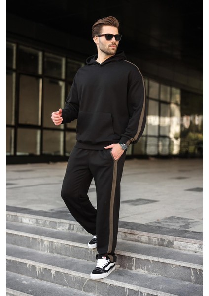 Siyah Kanguru Cep Kapüşonlu Erkek Eşofman Takımı E7336