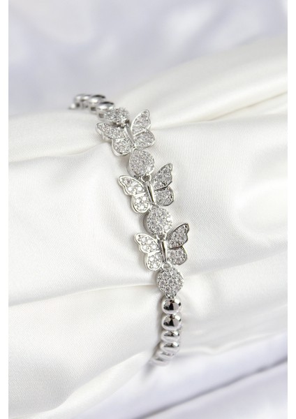Pirinç Zirkon Taşlı Kelebek Model Gümüş Renk Kadın Bileklik