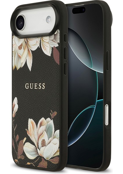 iPhone 17 Air Uyumlu Kılıf Guess Lisanslı M-Safeli Taneli Çiçek Tasarımlı Metal Yazı Logolu Siyah
