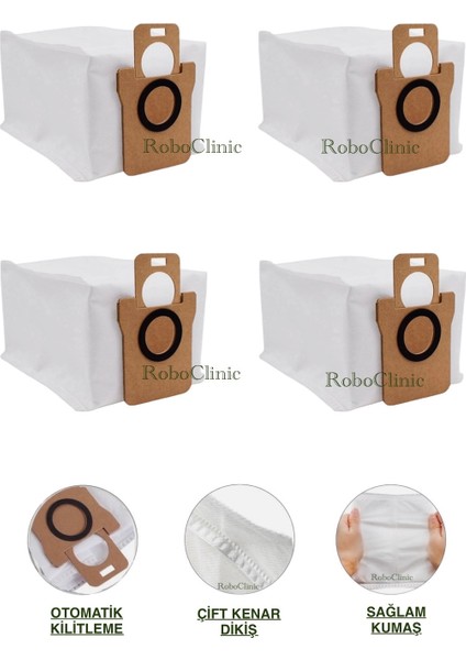Xiaomi Robot Vacuum X10+ (Plus) - X20+ (Plus) Robot Süpürge Uyumlu Yedek 4 Adet Çöp Toz Torbası