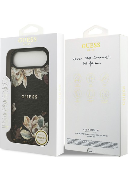 iPhone 17 Air Uyumlu Kılıf Guess Lisanslı M-Safeli Taneli Çiçek Tasarımlı Metal Yazı Logolu Siyah
