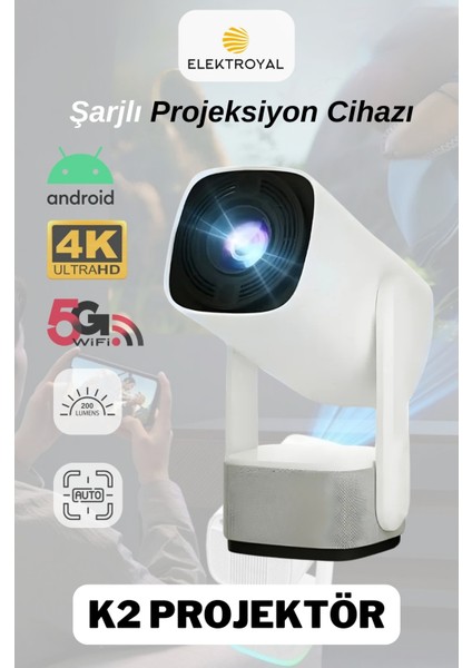 K2 Şarjlı Projeksiyon Cihazı Android Bluetooth Ev Sineması Projektör