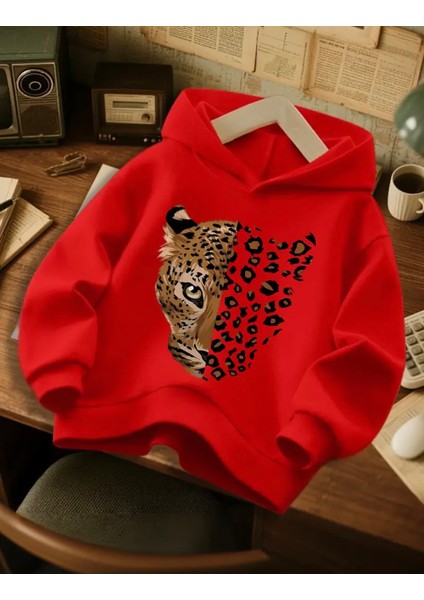 Büyük Beden Özel Tasarım Kapüşonlu Leopar Baskılı 3 Iplik Modern Kadın Sweatshırt