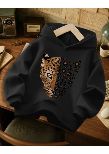 Büyük Beden Özel Tasarım Kapüşonlu Leopar Baskılı 3 Iplik Modern Kadın Sweatshırt