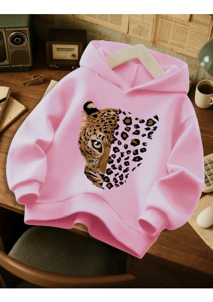 Büyük Beden Özel Tasarım Kapüşonlu Leopar Baskılı 3 Iplik Modern Kadın Sweatshırt