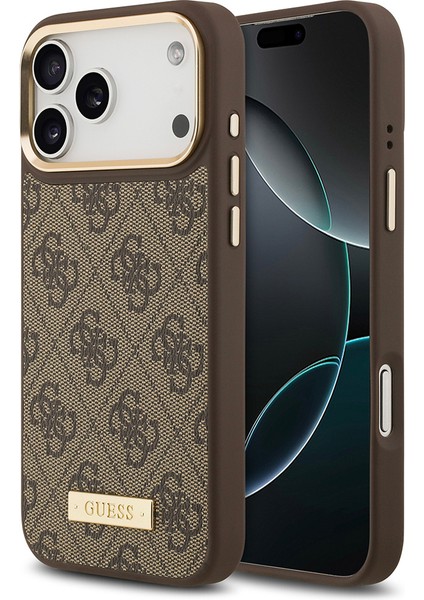 iPhone 17 Pro Max Kılıf Guess Lisanslı M-Safeli 4g Desenli Pu Metal Plaka Klasik Logolu Kahverengi