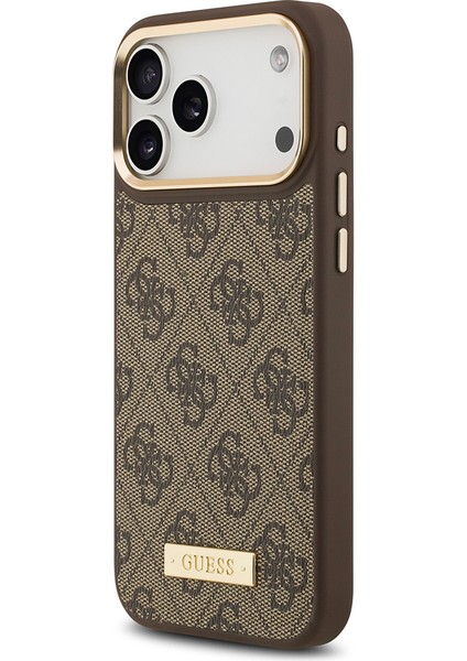 iPhone 17 Pro Max Kılıf Guess Lisanslı M-Safeli 4g Desenli Pu Metal Plaka Klasik Logolu Kahverengi