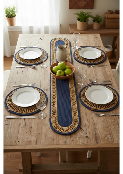 Jutty Hasır Görünümlü 5 Parça Jüt Masa Takımı Natural Lacivert 4’lü Amerikan Servis Supla 1 Runner